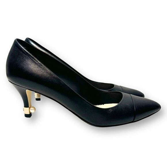 CHANEL Shoes - Chanel Black Matte Leather CC Gold Logo and Pearl Embellished Heel Pumps Size 37